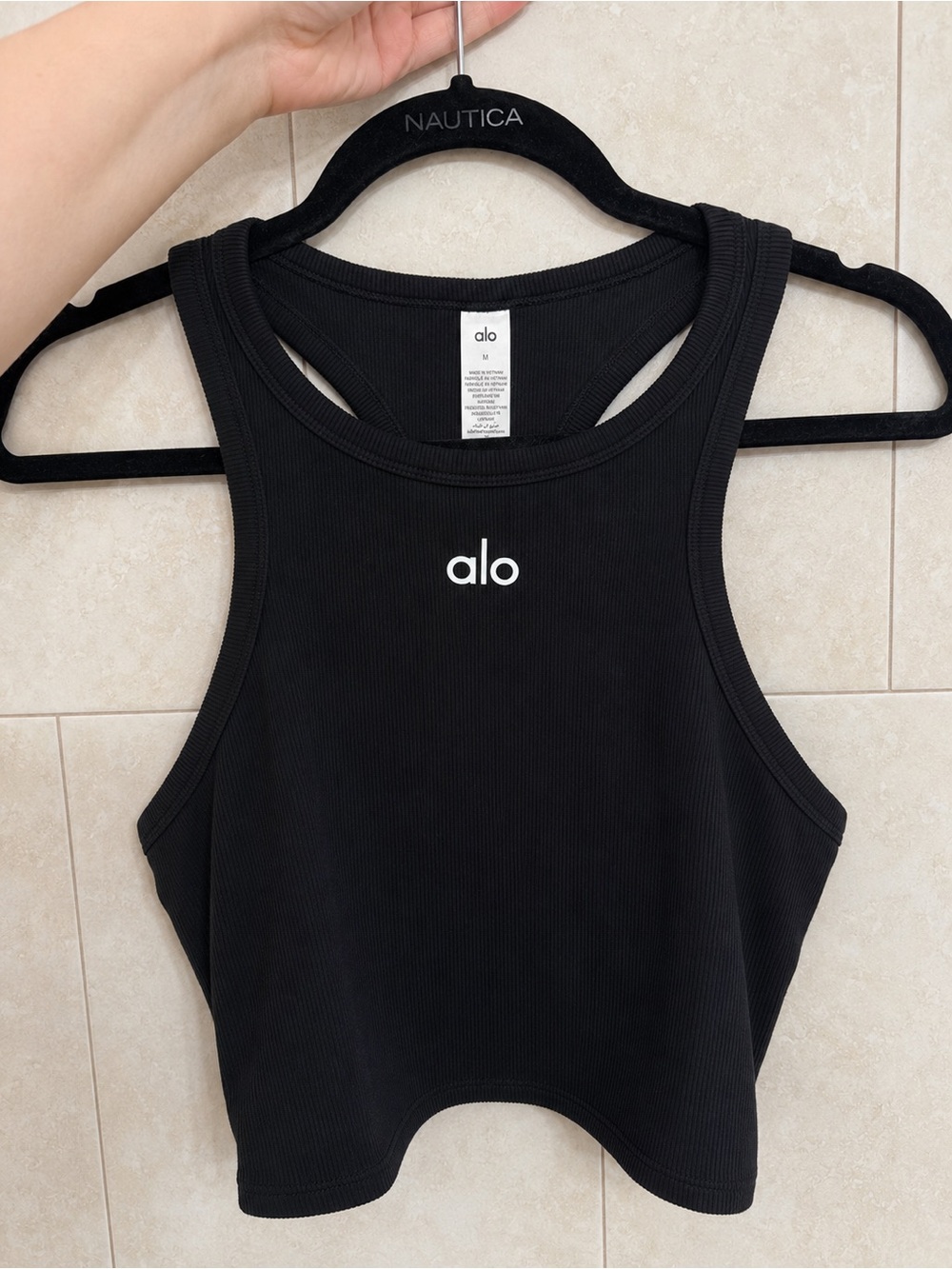 ALO Yoga Black Ribbed Cropped Tank with White Logo